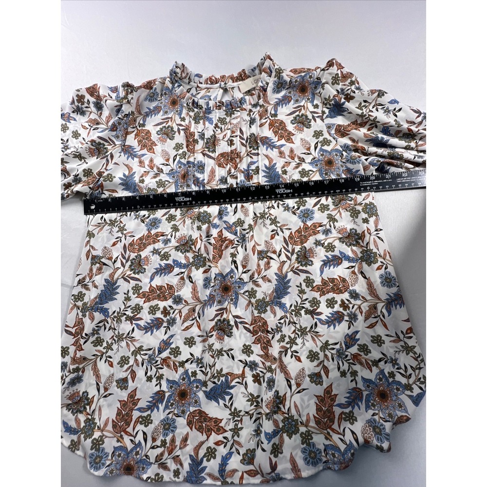 LOFT Womens Floral Ruffle Neck Blouse Small Long Sleeve Keyhole Top White - Picture 5 of 13